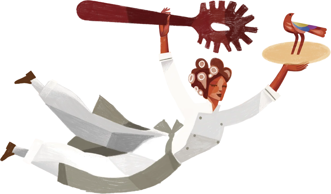 Ilustração de Ana Bueno voando com o pássaro e uma bandeja